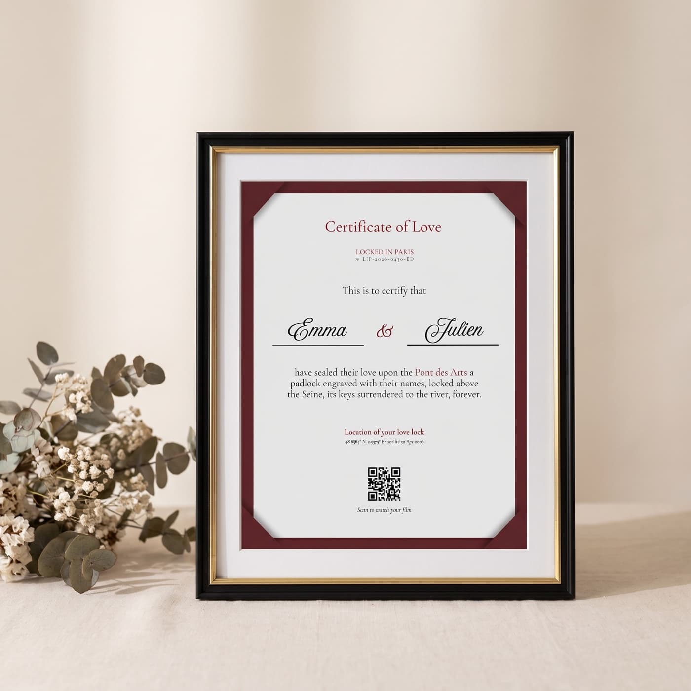 Your Certificate of Love, presented in a premium frame