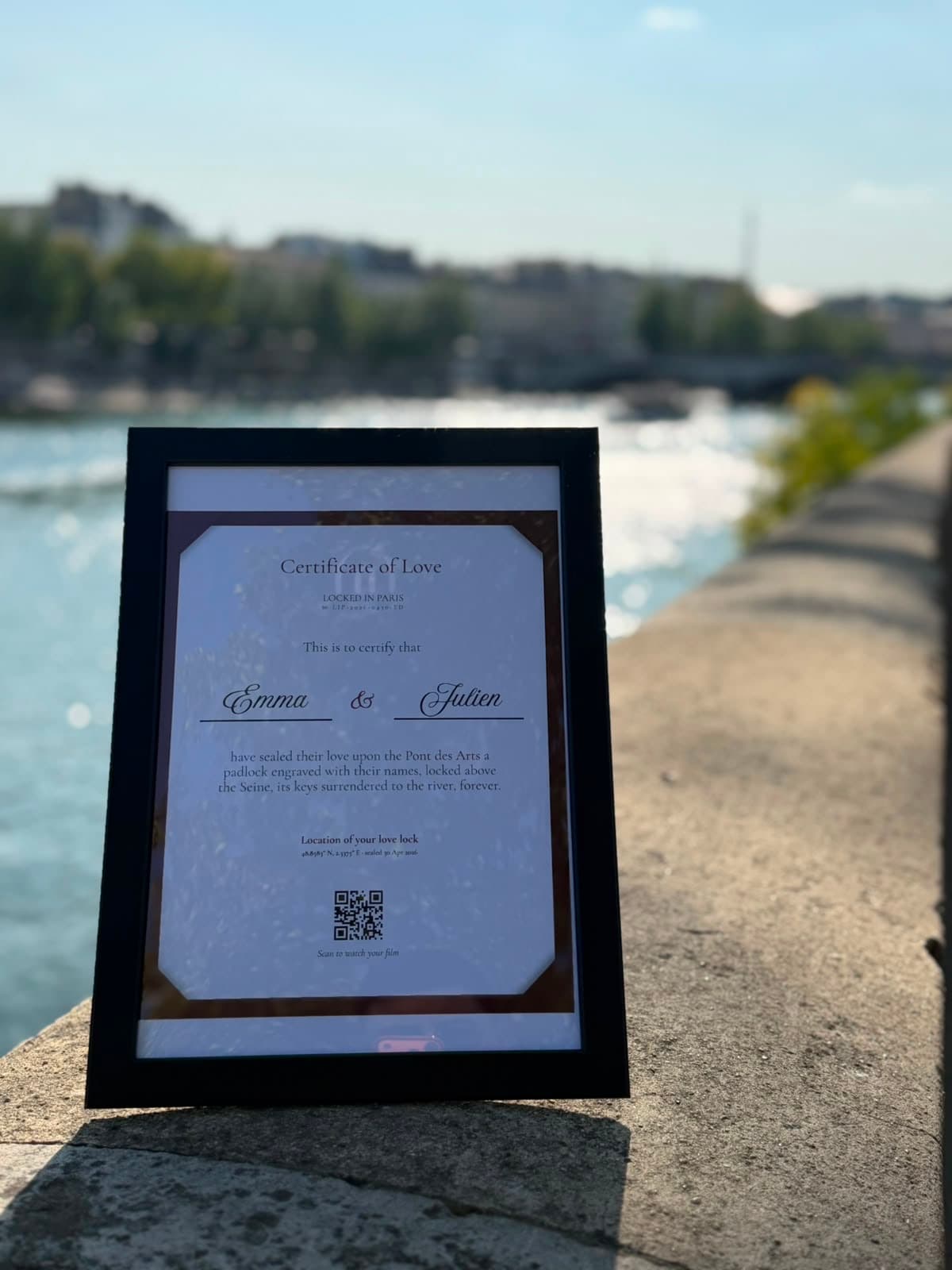 Your Certificate of Love in front of the Seine and the Eiffel Tower