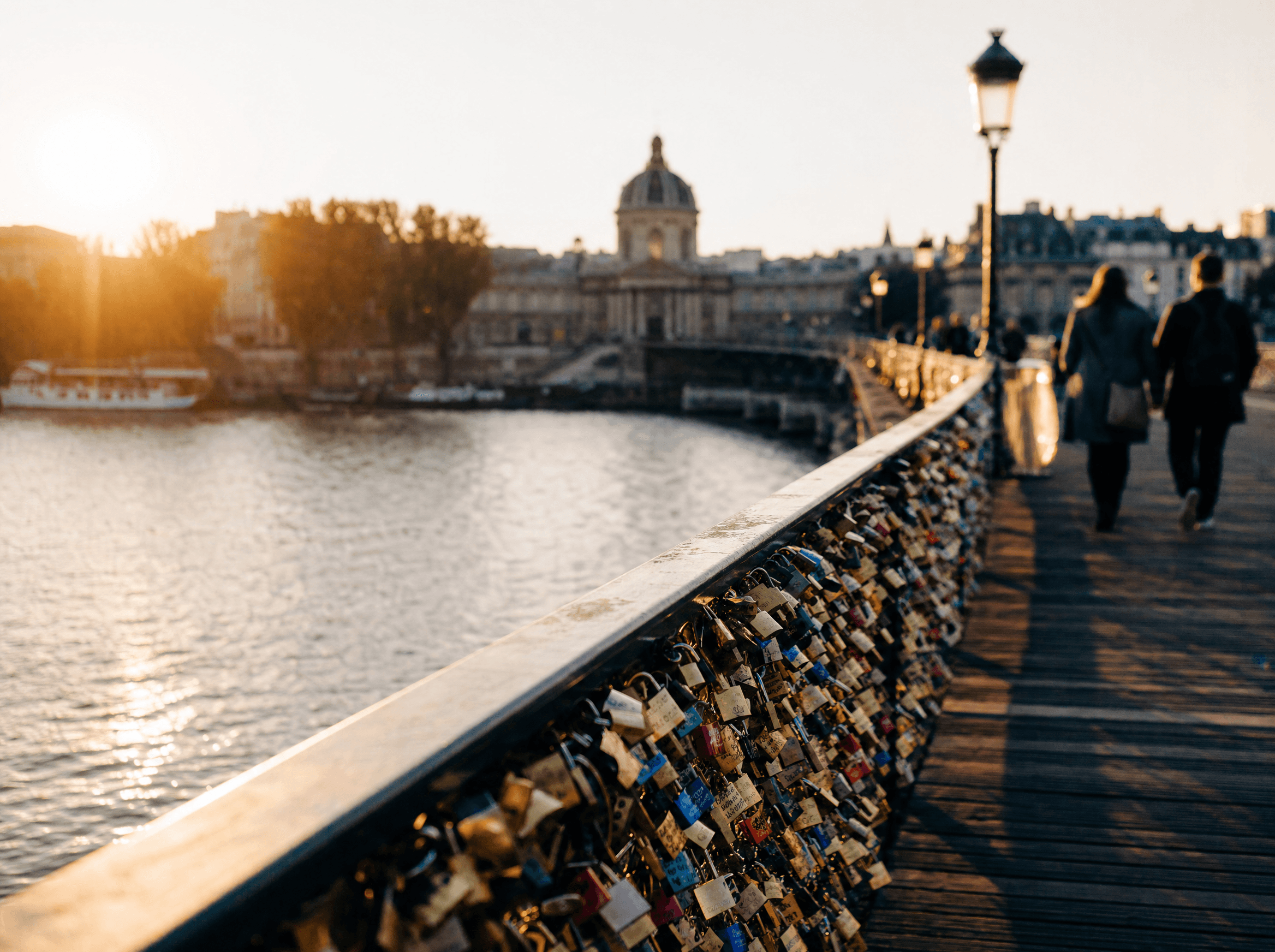 The Pont des Arts at golden hour, covered in love locks, Eiffel Tower behind